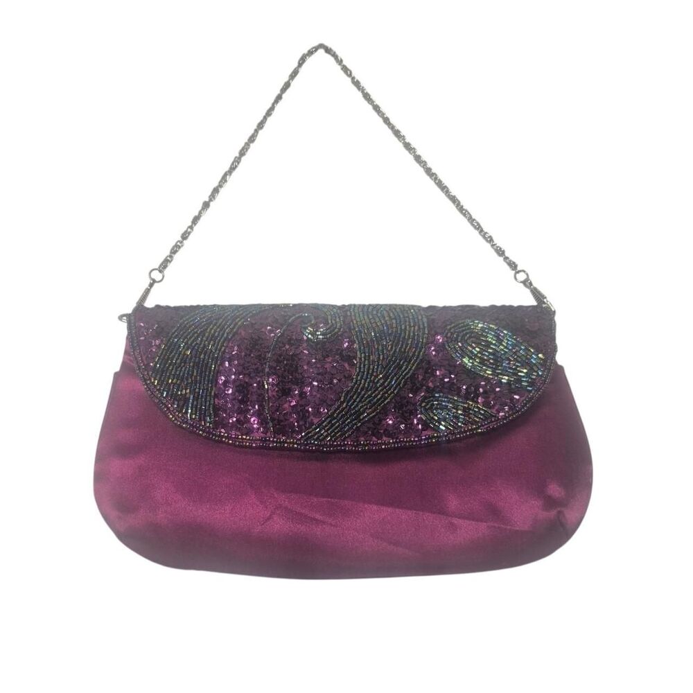 Amanda Y2K Purple Satin Beaded Purse with Chain Strap